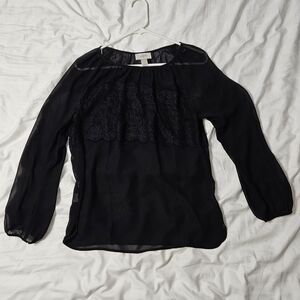 LOFT Black Lace Yoke Cold-Shoulder Blouse